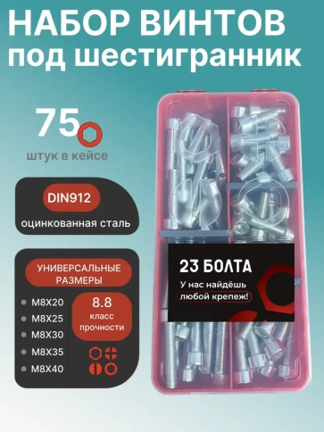 Винты под шестигранник М8 ОЦ 8.8 DIN912 органайзер НАБОР 1 фото 1