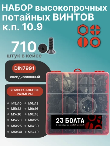 Винты потай М5 и М6 черные к.п.10.9 DIN7991 органайзер НАБОР 7 фото 1