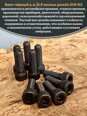 Винт мелкая резьба чёрный к.п.12.9 10х25х1 DIN912, 10 шт. фото 4