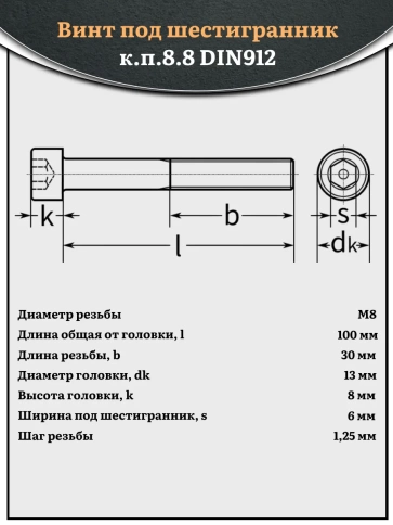 Винт под шестигранник НР 8х100 мм ОЦ к.п.8.8 DIN912, 10 шт. фото 3
