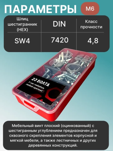 Винты мебельные М6 DIN7420 в органайзере НАБОР 2 фото 3