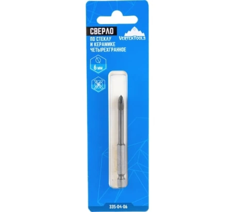 Сверло по плитке керамической и стеклу 6мм, четырехгр.хвостовик VERTEXTOOLS  фото 1