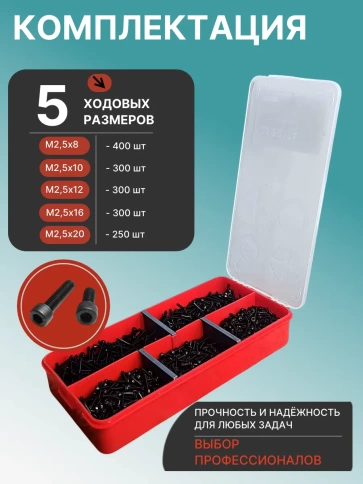 Винты М2,5 черные к.п.12.9 DIN912 в органайзере НАБОР 1 фото 2