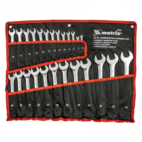 Набор ключей комбинированных 6-32 мм 25 шт CrV полированный хром Matrix фото 1
