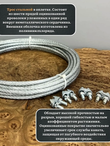 Трос стальной 5/6 с зажимами (4 шт.) ОЦ в оплетке фото 7