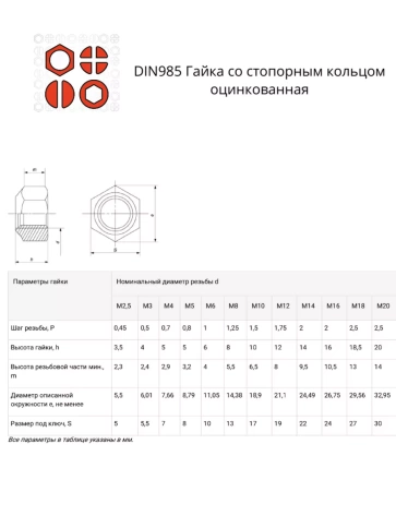 Гайка со стоп кольцом М4,5,6,8,10,12 ОЦ DIN985 (по 50 шт) фото 2