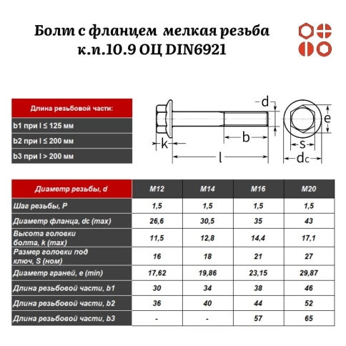 Болт с фланцем ПР М14х1,5х60 мелкая резьба к.п.10.9 ОЦ DIN6921 с насечкой, 100 шт. фото 2