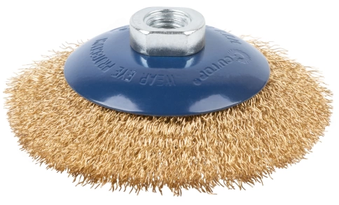 Щетка для УШМ "тарелка", латунир.витая проволока 0,3мм, 115 мм М14 блистер CUTOP Profi фото 1