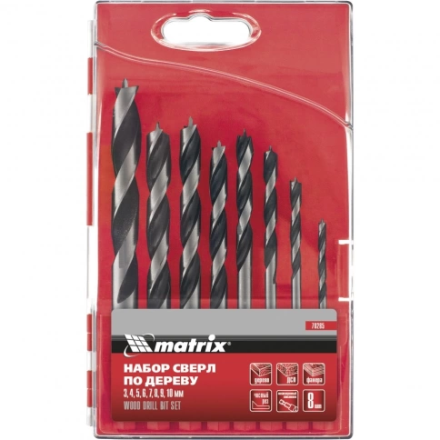 Набор сверл по дереву,6-гран. хвостовик,пластик. бокс 8 шт (3-4-5-6-7-8-9-10 мм ) Matrix фото 1