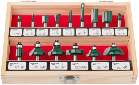 Фрезы по дереву кромочные, набор 15шт., дерев.бокс, хвостовик 8 мм фото 1
