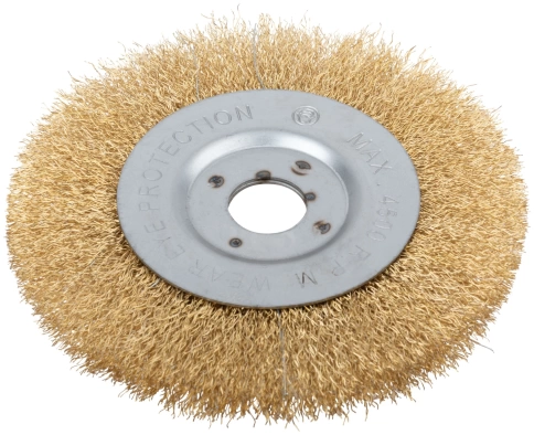 Корщетка-колесо, посадочн.д.22,2мм, стальн.латунир.волнист.проволока, 150 мм фото 1